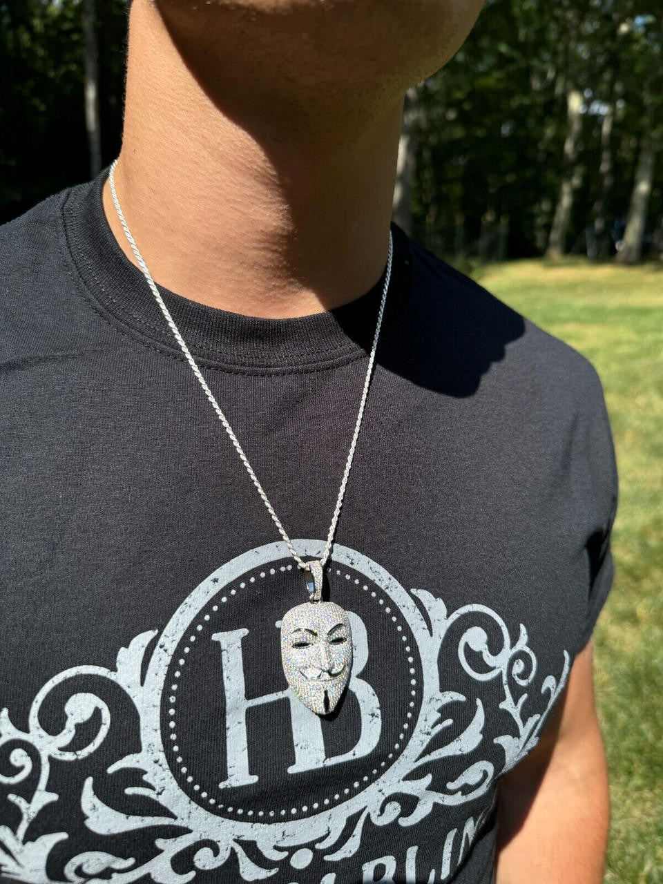 MOISSANITE Anonymous Vendetta Mask Iced Out Pendant - 14k Gold Vermeil Or 925 Silver - Medium 2"