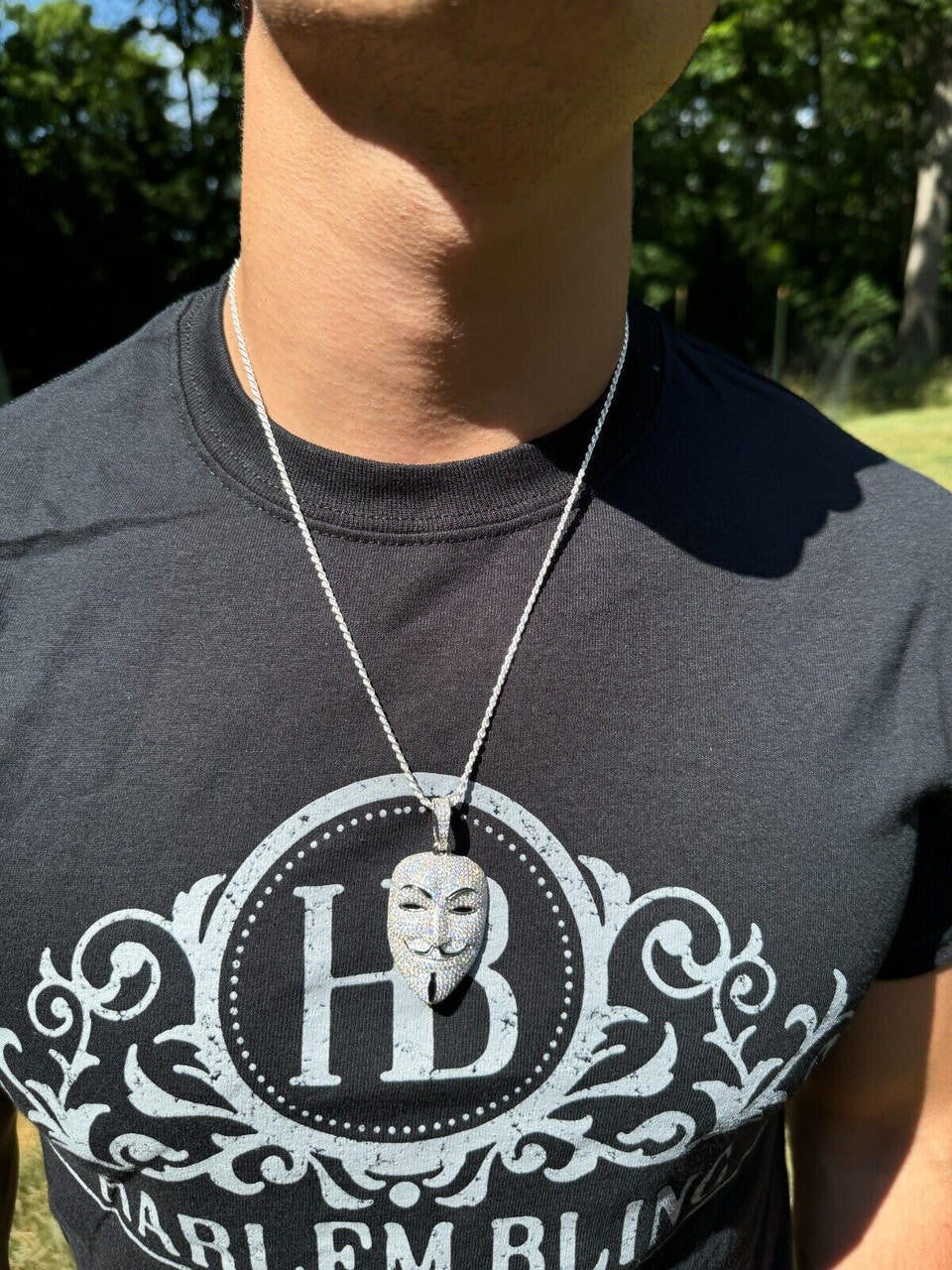 MOISSANITE Anonymous Vendetta Mask Iced Out Pendant - 14k Gold Vermeil Or 925 Silver - Medium 2"