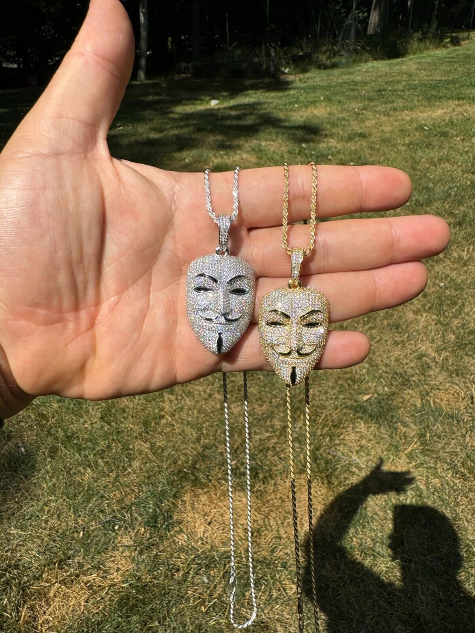 MOISSANITE Anonymous Vendetta Mask Iced Out Pendant - 14k Gold Vermeil Or 925 Silver - Medium 2"