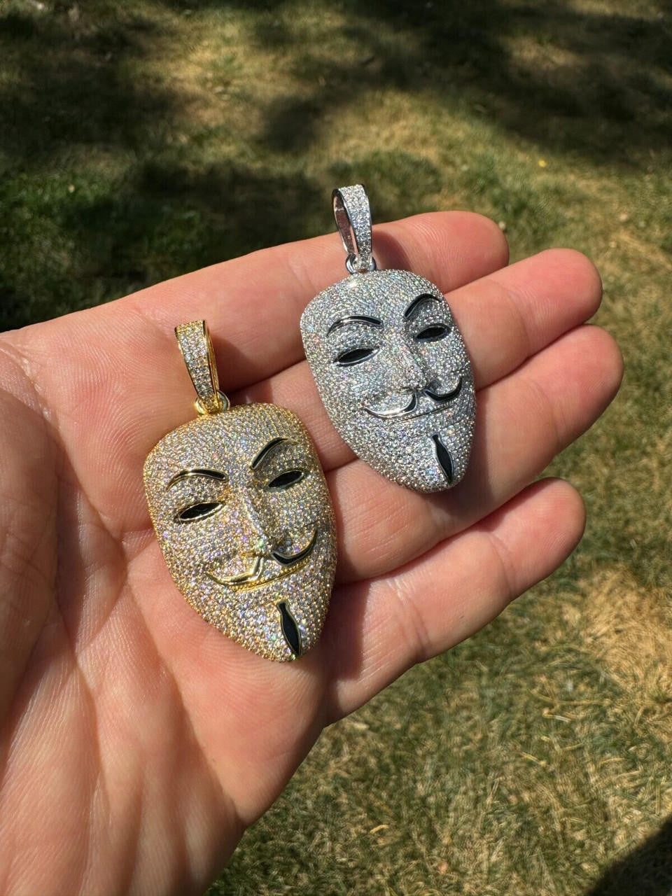 MOISSANITE Anonymous Vendetta Mask Iced Out Pendant - 14k Gold Vermeil Or 925 Silver - Medium 2"