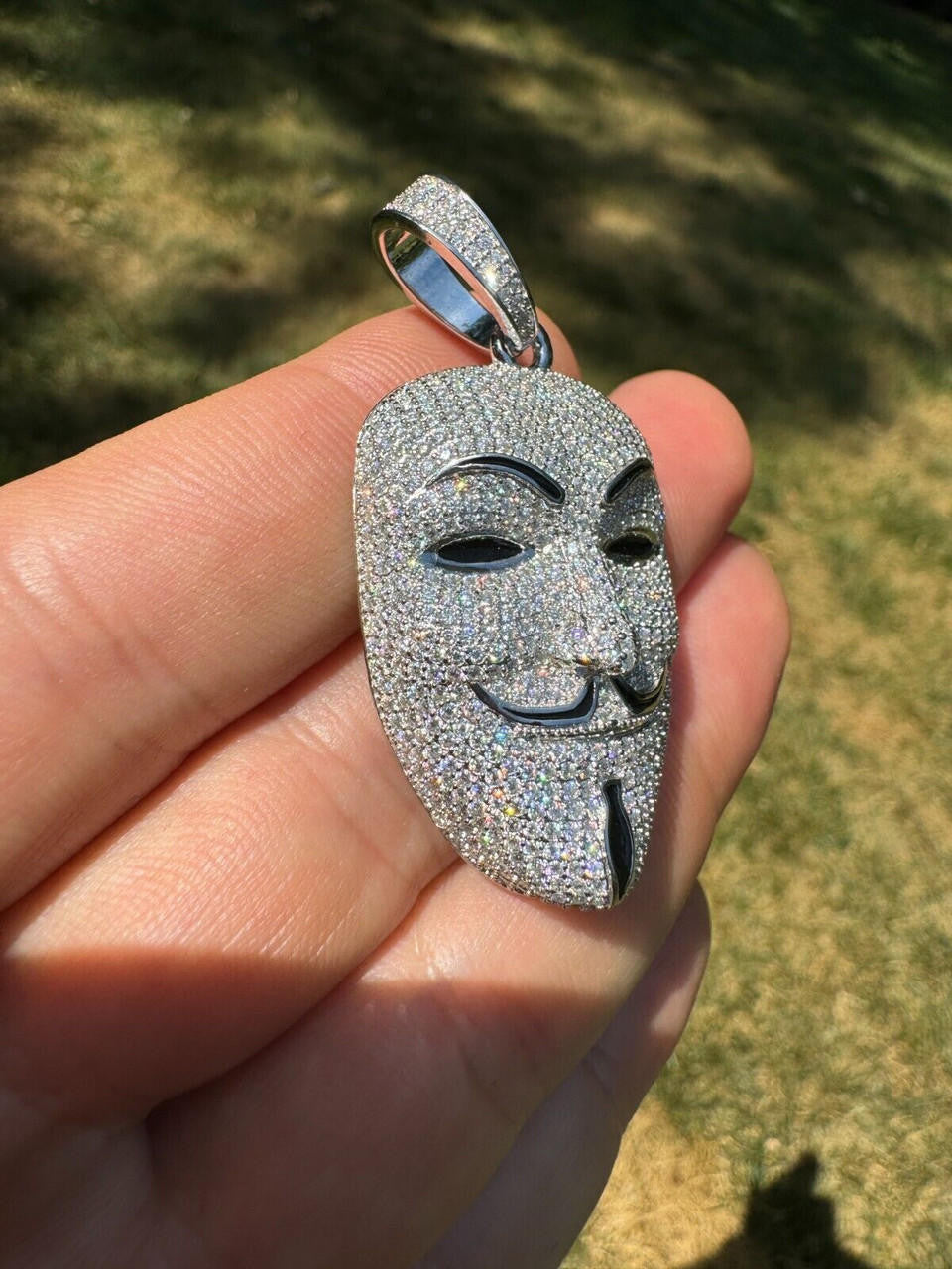 MOISSANITE Anonymous Vendetta Mask Iced Out Pendant - 14k Gold Vermeil Or 925 Silver - Medium 2"