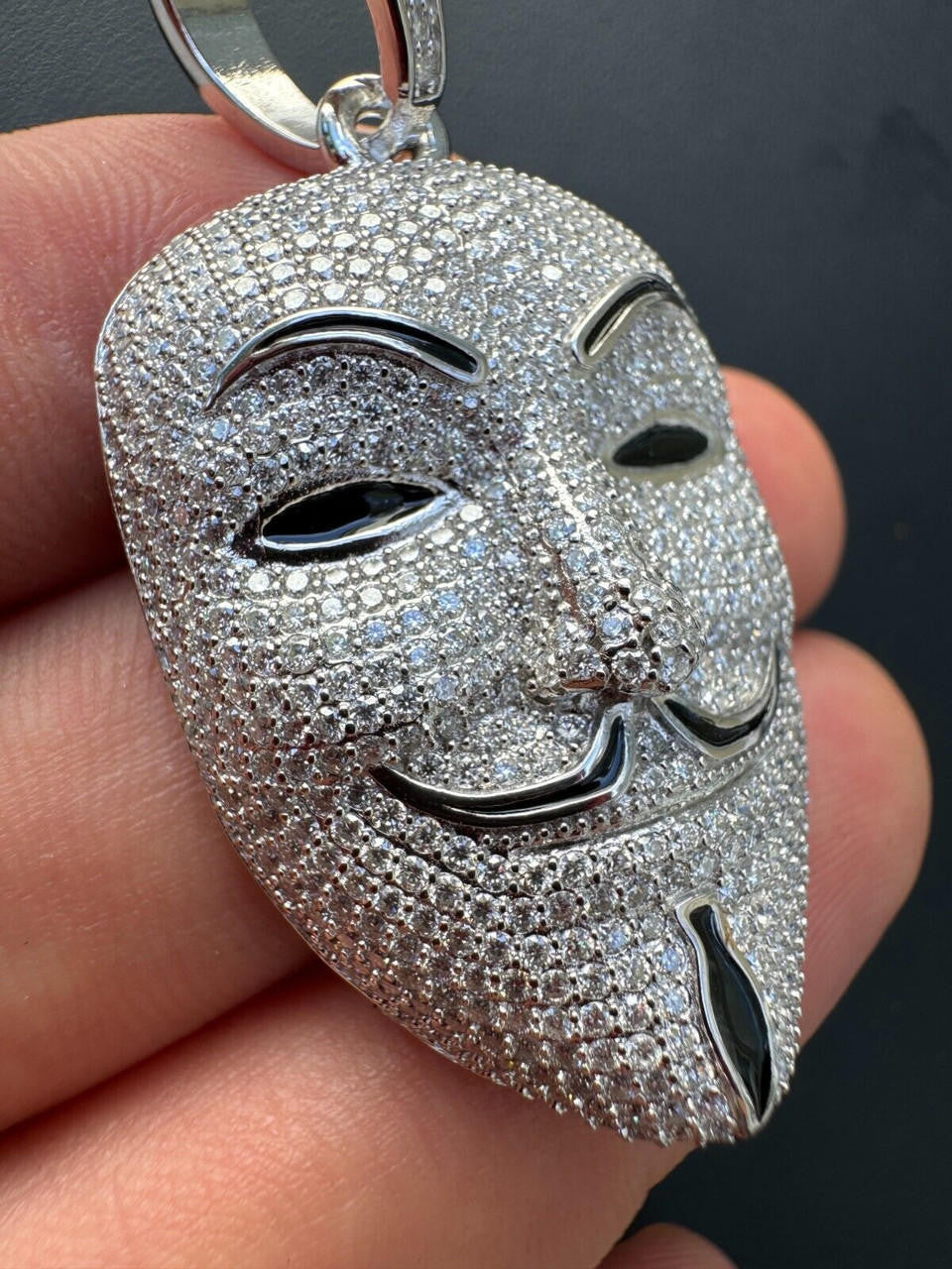 MOISSANITE Anonymous Vendetta Mask Iced Out Pendant - 14k Gold Vermeil Or 925 Silver - Medium 2"