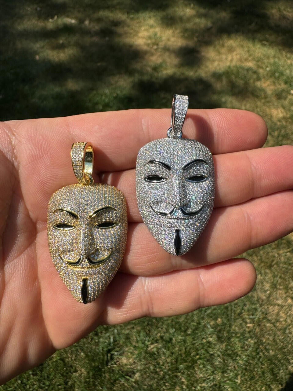 MOISSANITE Anonymous Vendetta Mask Iced Out Pendant - 14k Gold Vermeil Or 925 Silver - Medium 2"