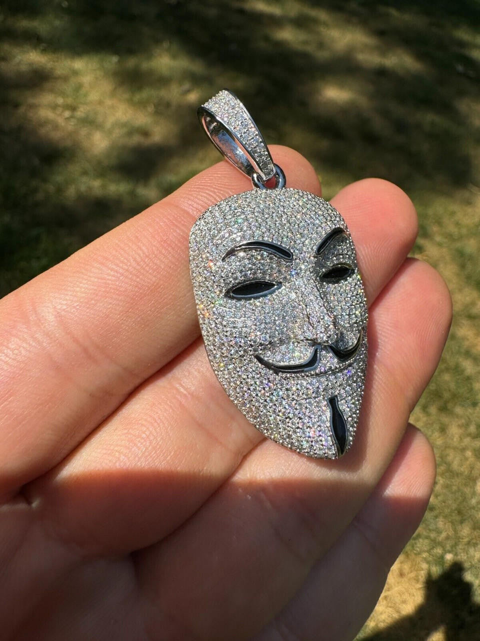 MOISSANITE Anonymous Vendetta Mask Iced Out Pendant - 14k Gold Vermeil Or 925 Silver - Medium 2"