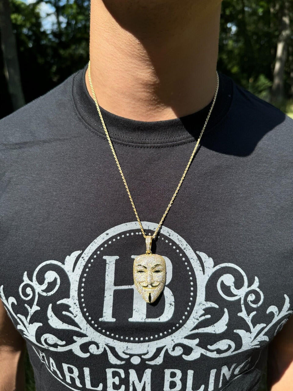 MOISSANITE Anonymous Vendetta Mask Iced Out Pendant - 14k Gold Vermeil Or 925 Silver - Medium 2"