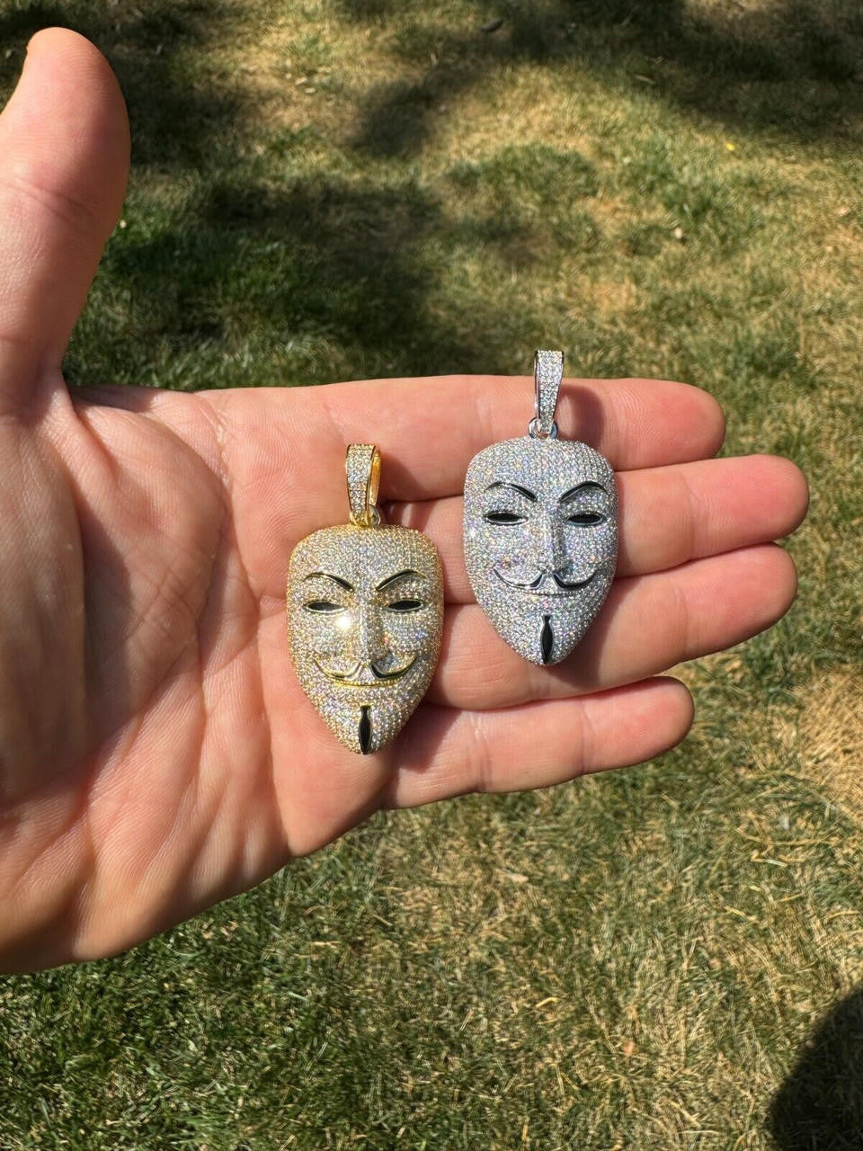 MOISSANITE Anonymous Vendetta Mask Iced Out Pendant - 14k Gold Vermeil Or 925 Silver - Medium 2"