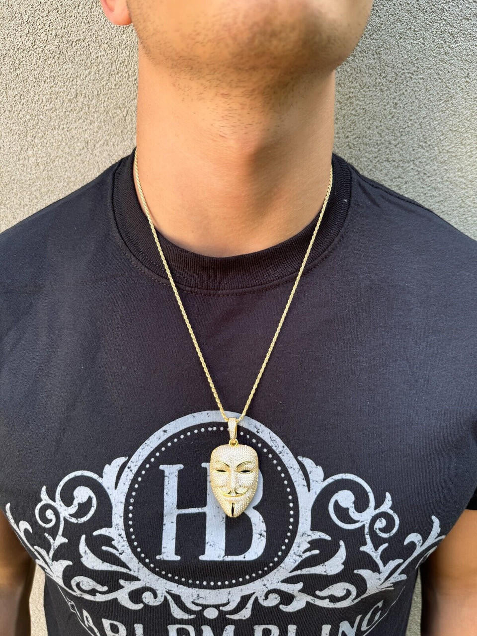 MOISSANITE Anonymous Vendetta Mask Iced Out Pendant - 14k Gold Vermeil Or 925 Silver - Medium 2"