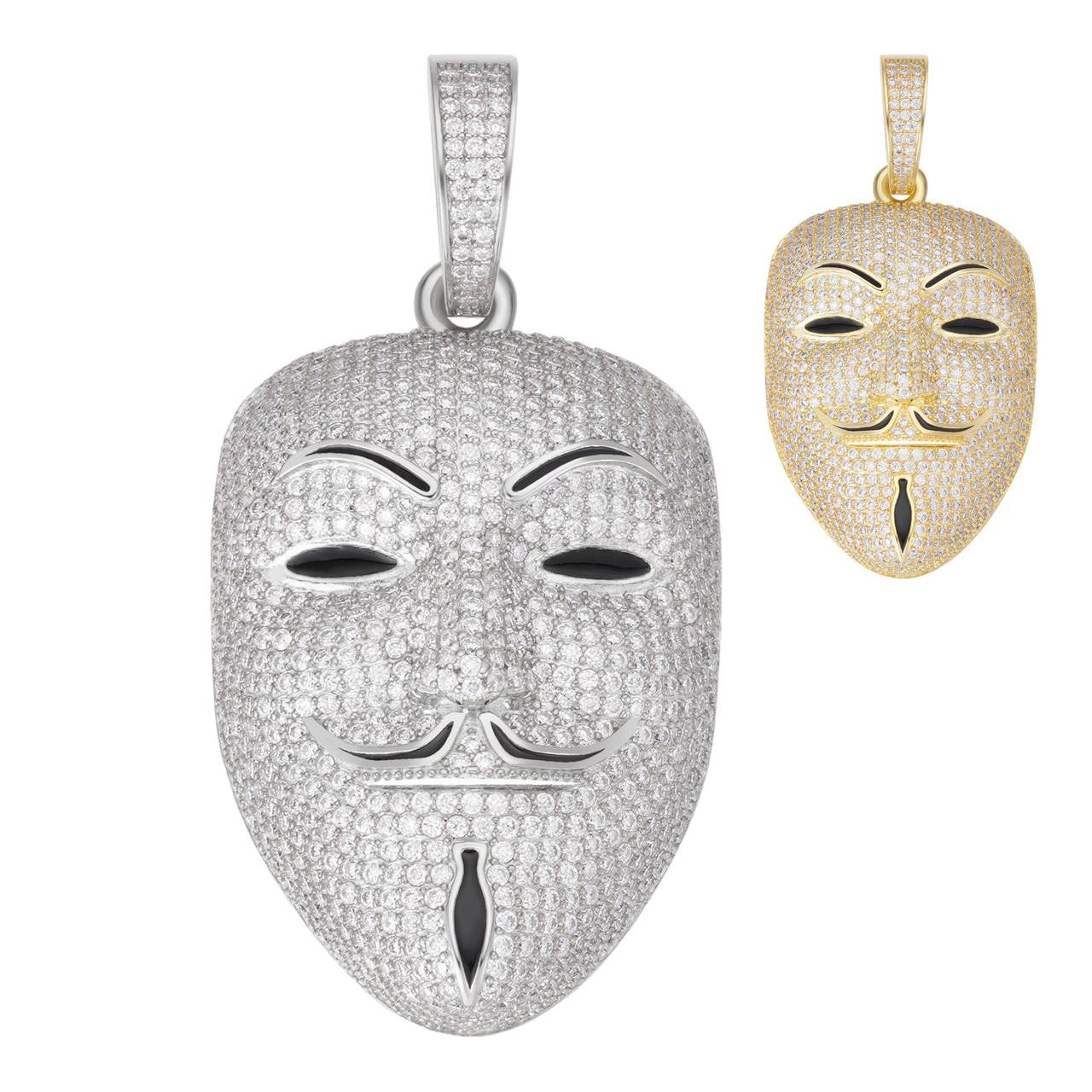 MOISSANITE Anonymous Vendetta Mask Iced Out Pendant - 14k Gold Vermeil Or 925 Silver - Medium 2"