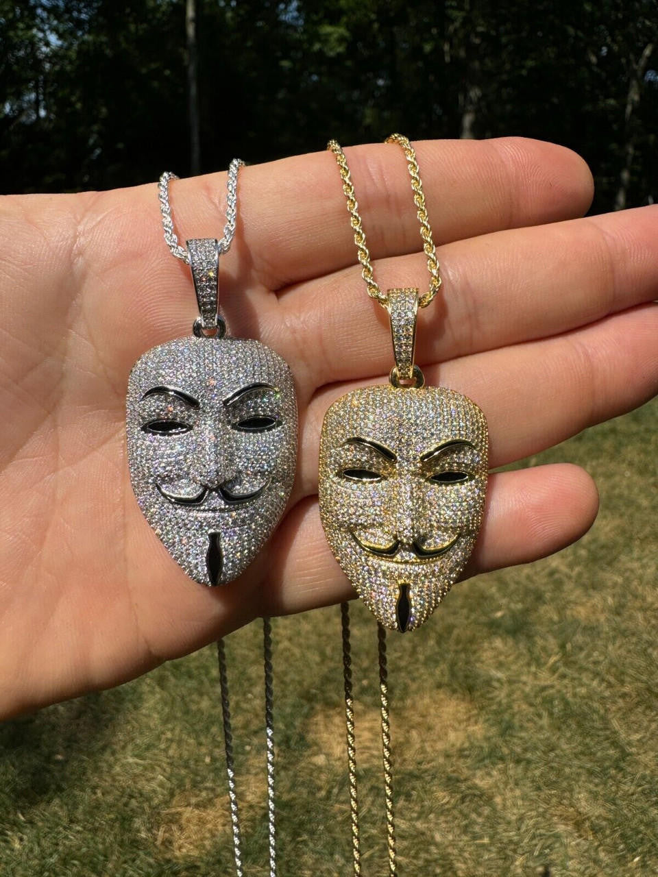 MOISSANITE Anonymous Vendetta Mask Iced Out Pendant - 14k Gold Vermeil Or 925 Silver - Medium 2"