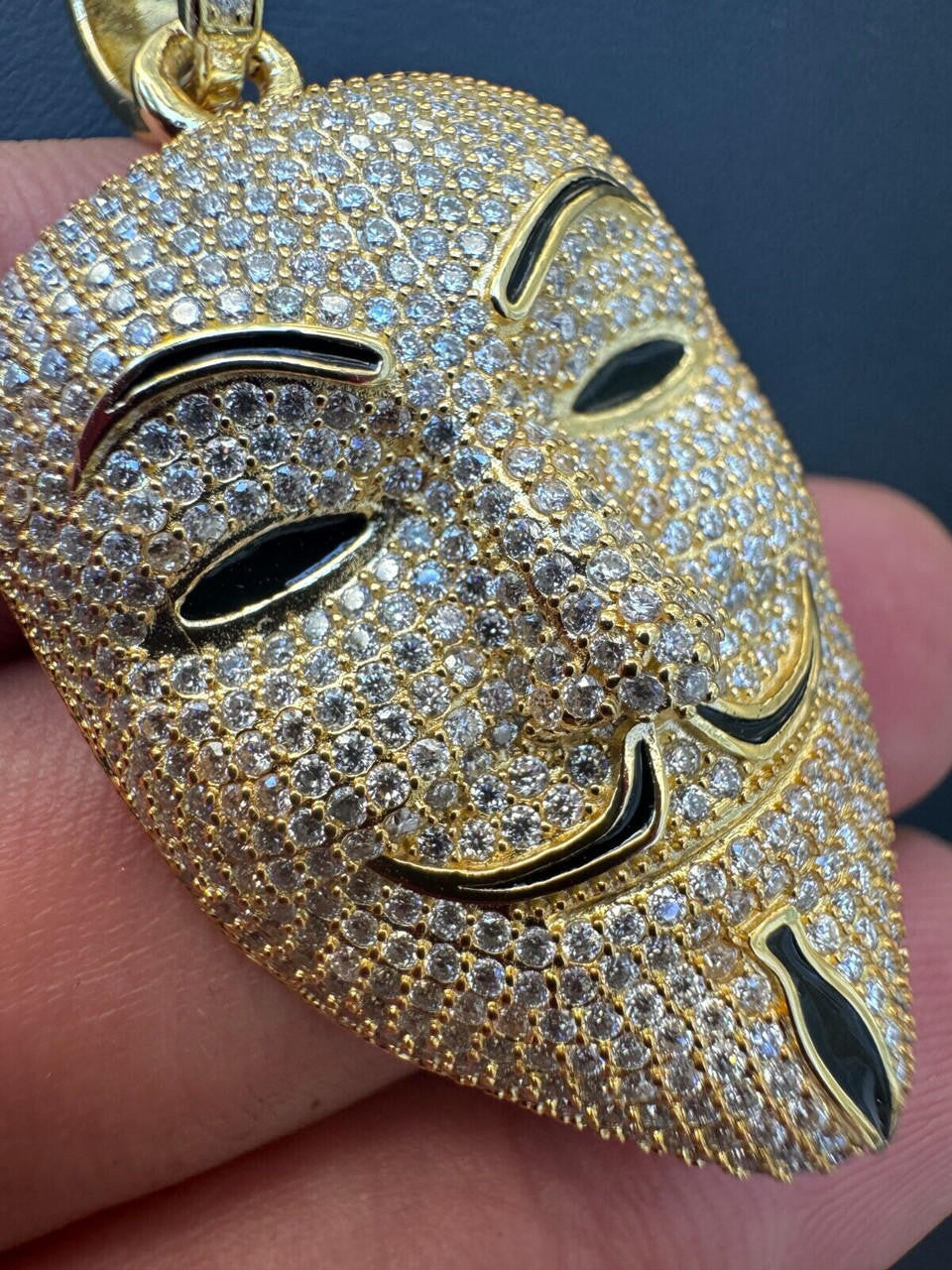 MOISSANITE Anonymous Vendetta Mask Iced Out Pendant - 14k Gold Vermeil Or 925 Silver - Medium 2"