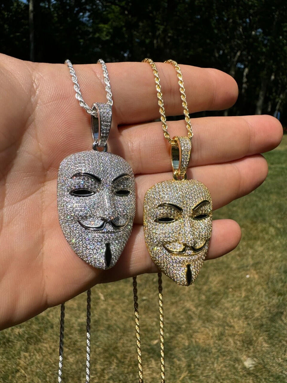 MOISSANITE Anonymous Vendetta Mask Iced Out Pendant - 14k Gold Vermeil Or 925 Silver - Medium 2"