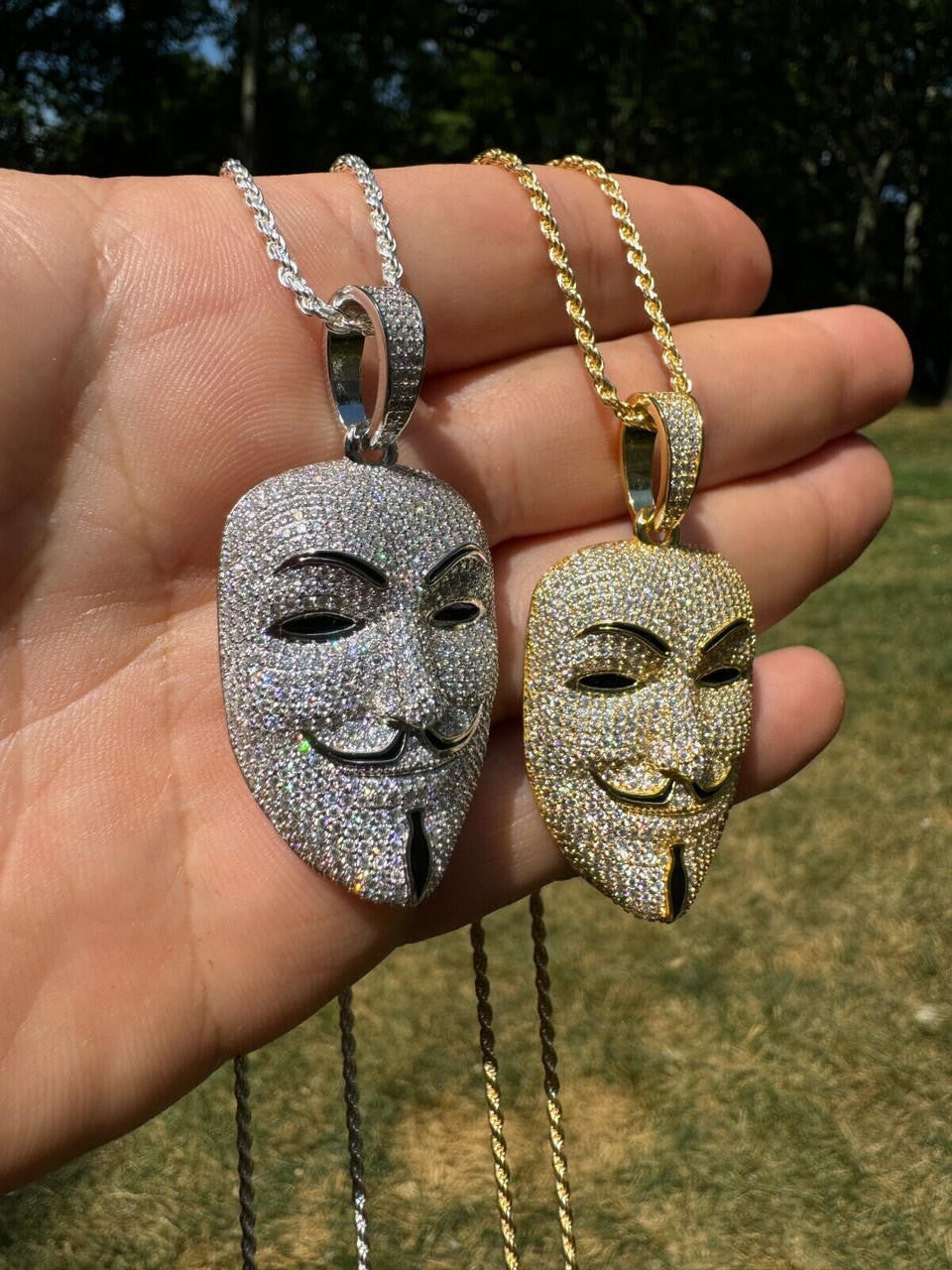 MOISSANITE Anonymous Vendetta Mask Iced Out Pendant - 14k Gold Vermeil Or 925 Silver - Medium 2"