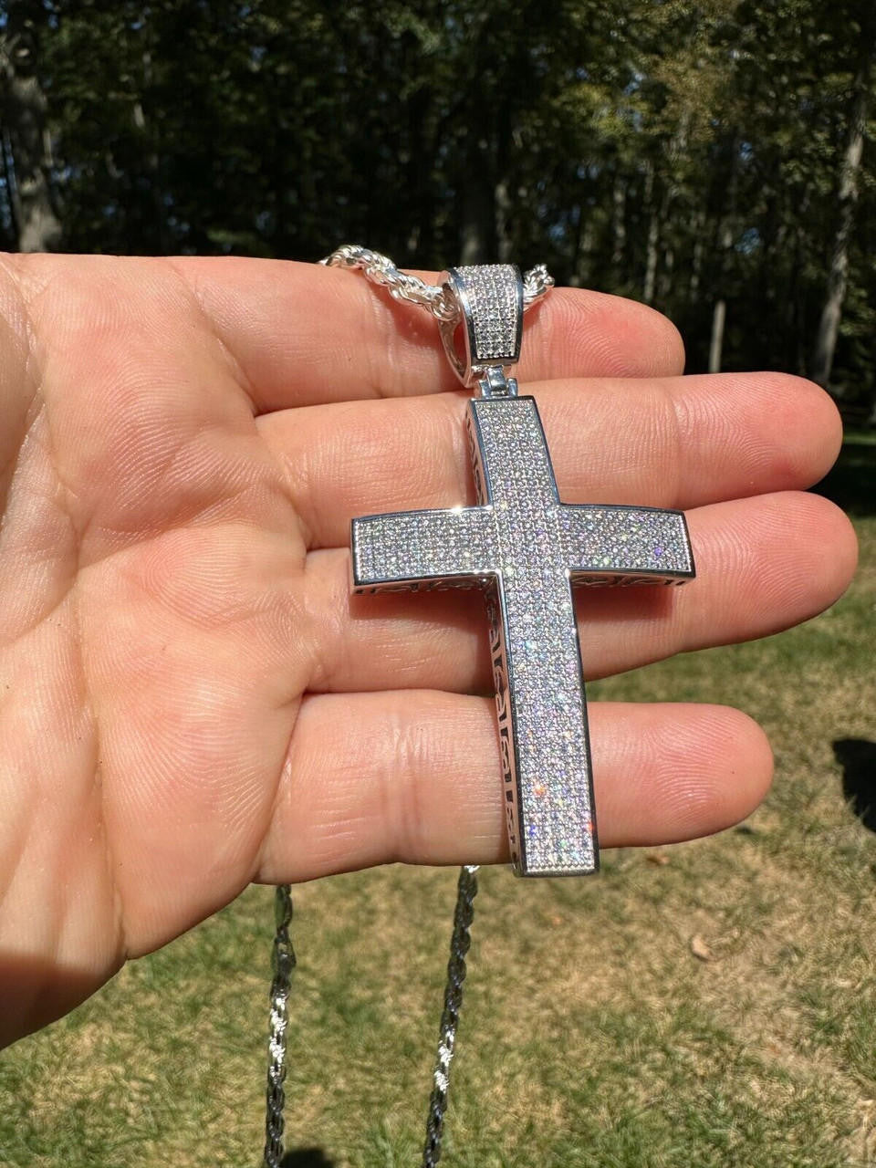 MOISSANITE Classic Iced Out Cross Pendant - 10k White Gold - Large 2.5"