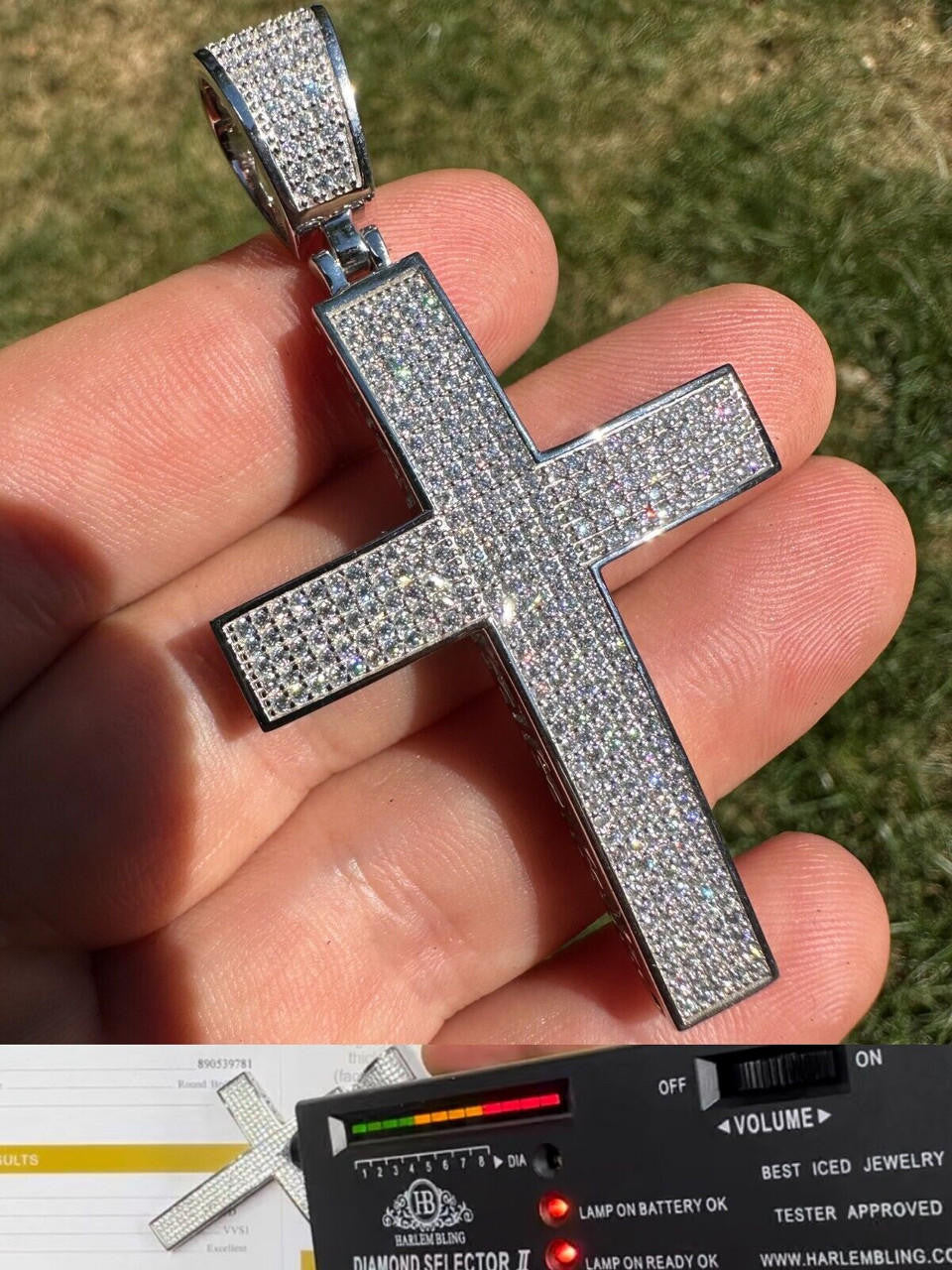 MOISSANITE Classic Iced Out Cross Pendant - 10k White Gold - Large 2.5"