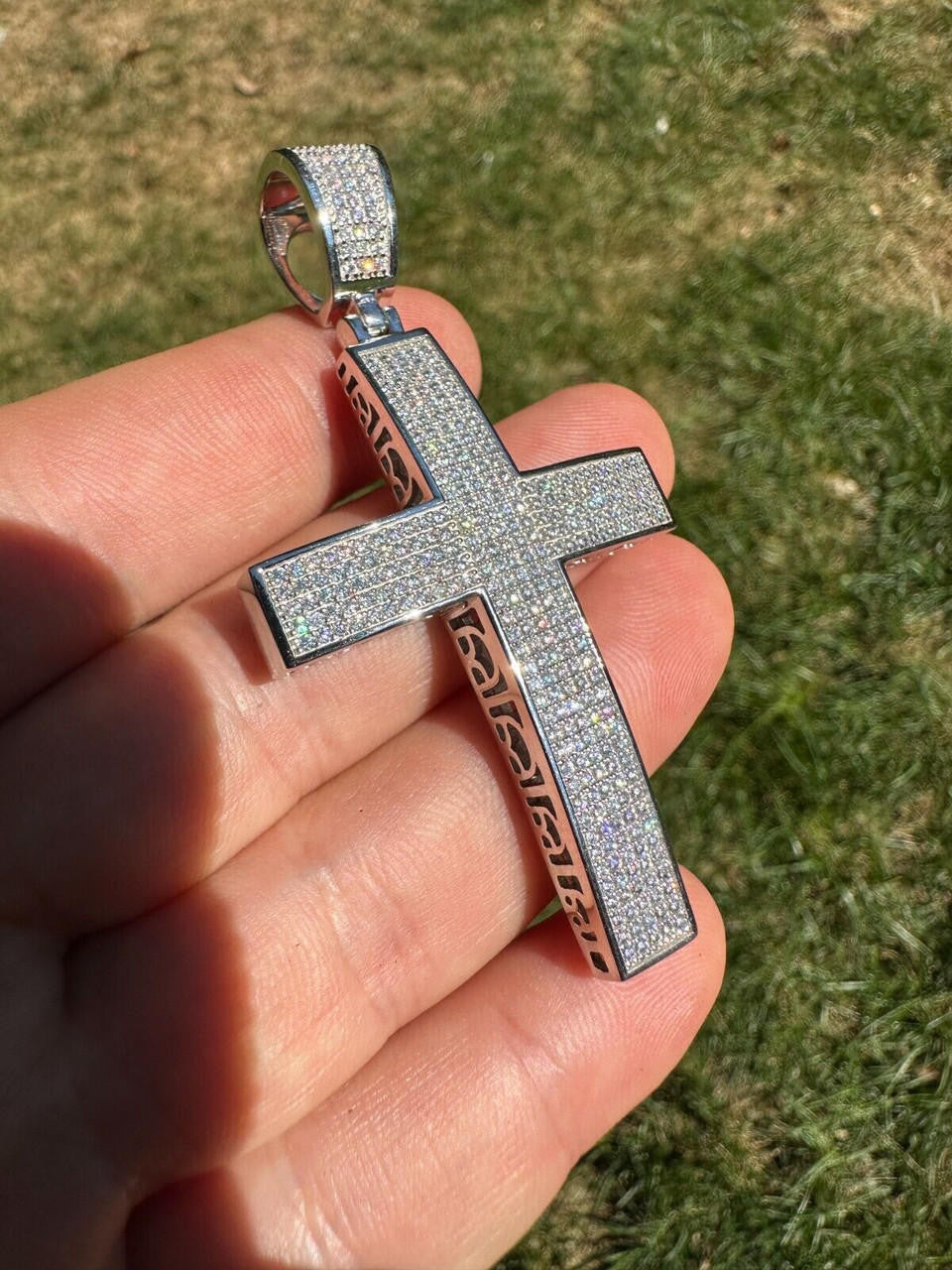 MOISSANITE Classic Iced Out Cross Pendant - 10k White Gold - Large 2.5"