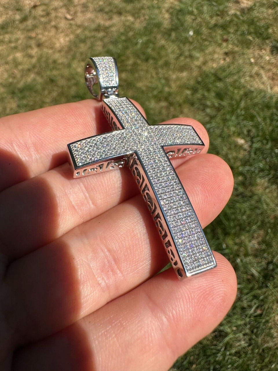 MOISSANITE Classic Iced Out Cross Pendant - 10k White Gold - Large 2.5"