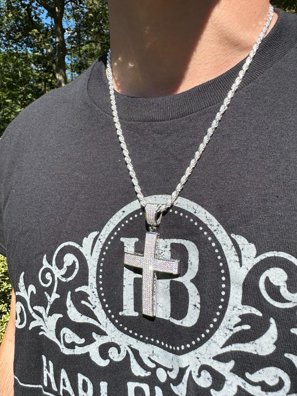 MOISSANITE Classic Iced Out Cross Pendant - 10k White Gold - Large 2.5"