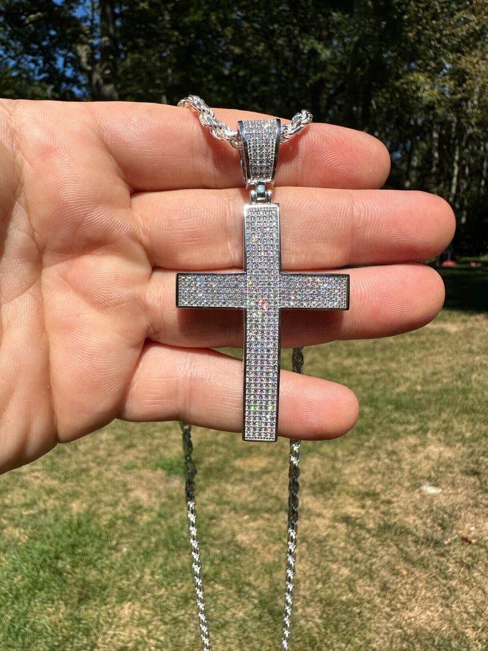 MOISSANITE Classic Iced Out Cross Pendant - 10k White Gold - Large 2.5"