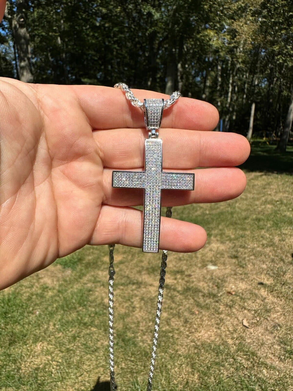 MOISSANITE Classic Iced Out Cross Pendant - 10k White Gold - Large 2.5"