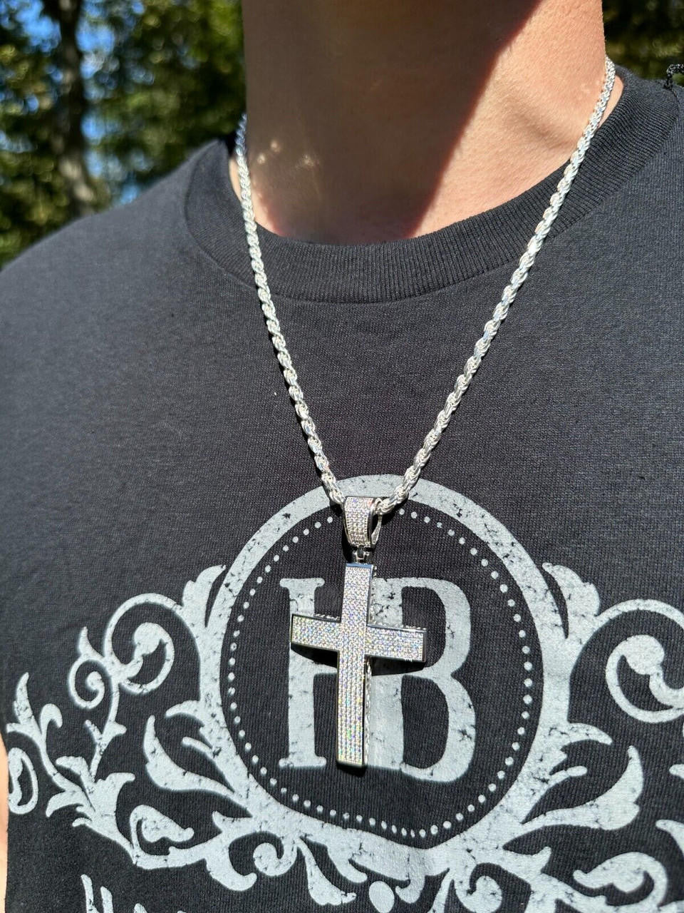 MOISSANITE Classic Iced Out Cross Pendant - 10k White Gold - Large 2.5"