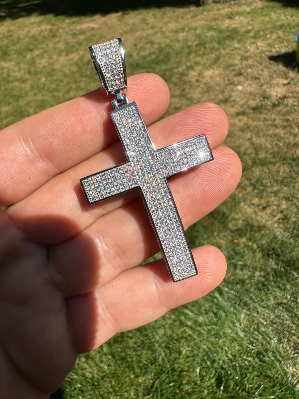 MOISSANITE Classic Iced Out Cross Pendant - 10k White Gold - Large 2.5"