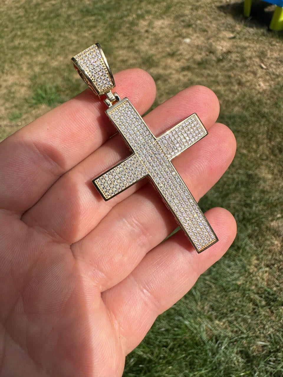 Solid 10k Yellow Gold 3ct VVS Moissanite Cross Pendant Necklace 19g Mens Large