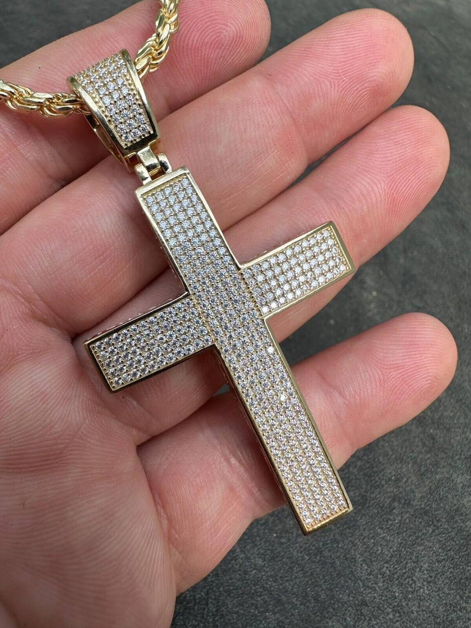 Solid 10k Yellow Gold 3ct VVS Moissanite Cross Pendant Necklace 19g Mens Large