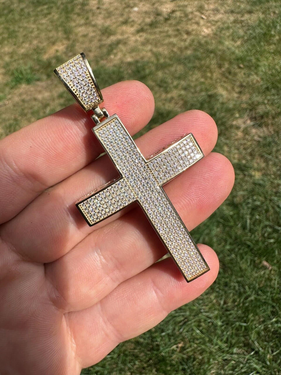 Solid 10k Yellow Gold 3ct VVS Moissanite Cross Pendant Necklace 19g Mens Large