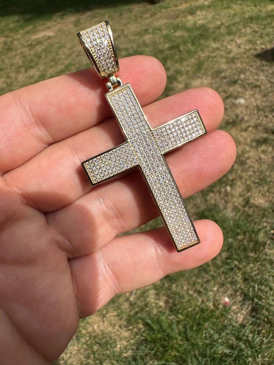 Solid 10k Yellow Gold 3ct VVS Moissanite Cross Pendant Necklace 19g Mens Large