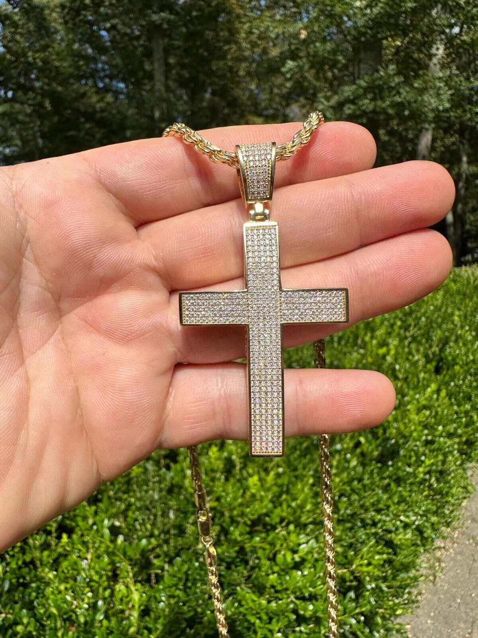 Solid 10k Yellow Gold 3ct VVS Moissanite Cross Pendant Necklace 19g Mens Large