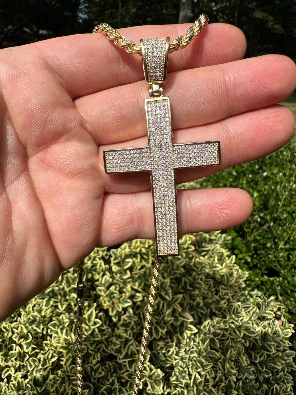 Solid 10k Yellow Gold 3ct VVS Moissanite Cross Pendant Necklace 19g Mens Large