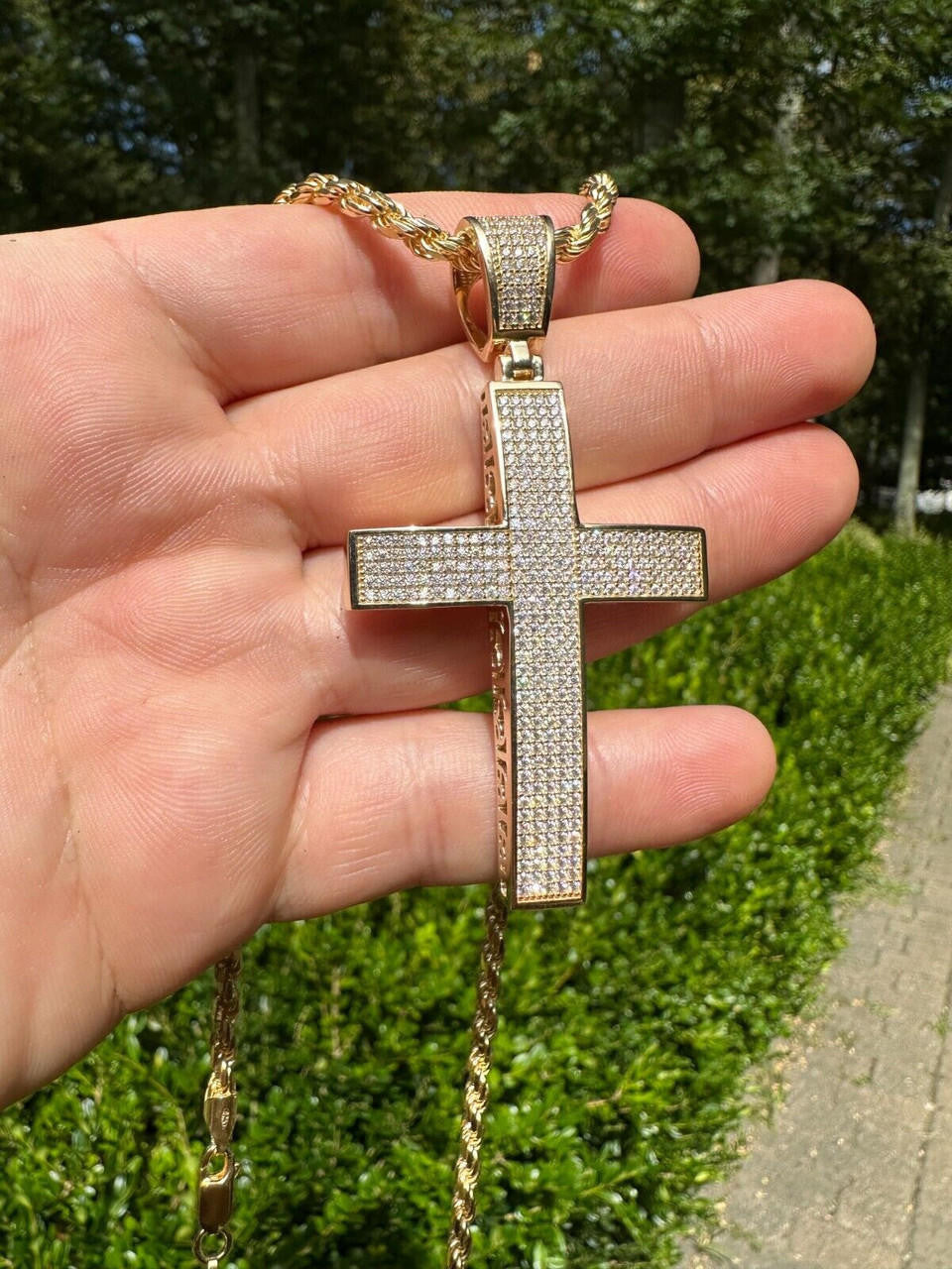 Solid 10k Yellow Gold 3ct VVS Moissanite Cross Pendant Necklace 19g Mens Large