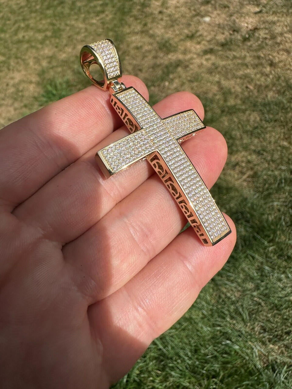 Solid 10k Yellow Gold 3ct VVS Moissanite Cross Pendant Necklace 19g Mens Large
