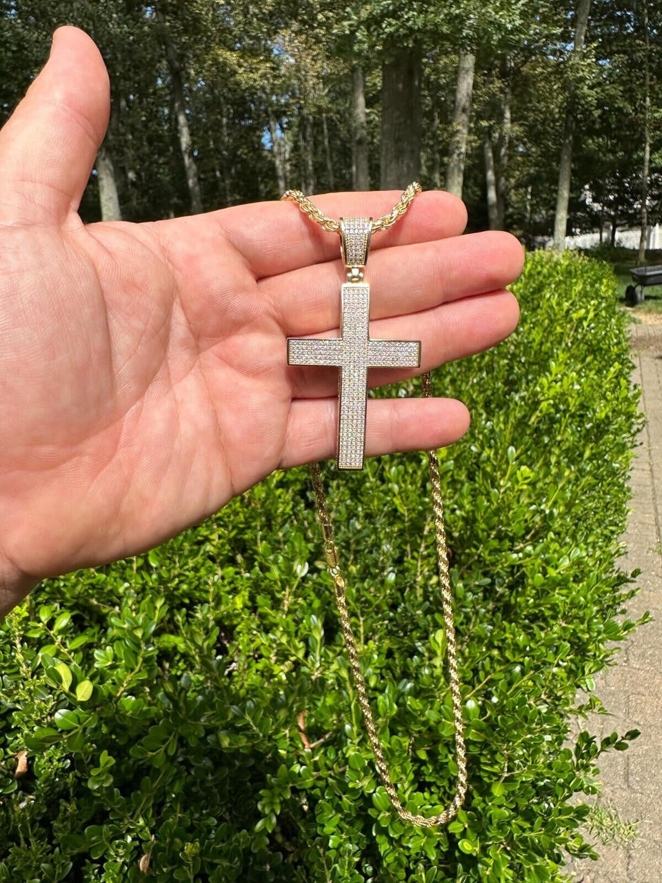 Solid 10k Yellow Gold 3ct VVS Moissanite Cross Pendant Necklace 19g Mens Large