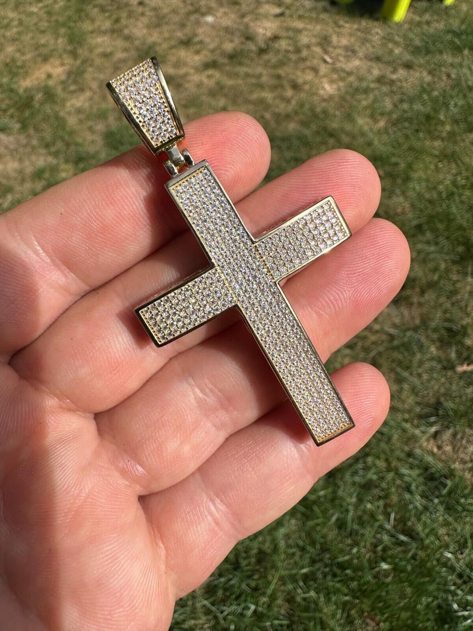 Solid 10k Yellow Gold 3ct VVS Moissanite Cross Pendant Necklace 19g Mens Large