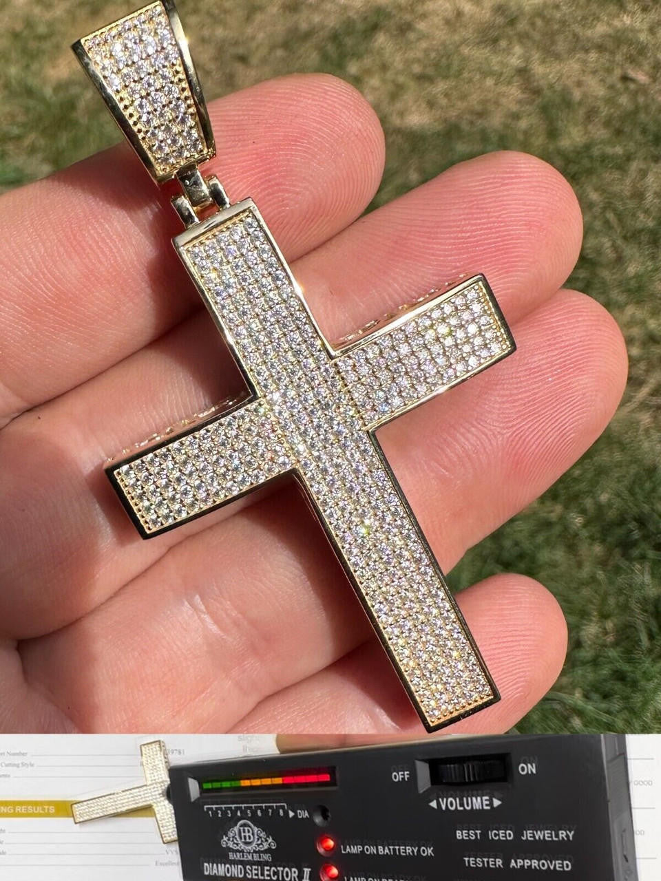 Solid 10k Yellow Gold 3ct VVS Moissanite Cross Pendant Necklace 19g Mens Large