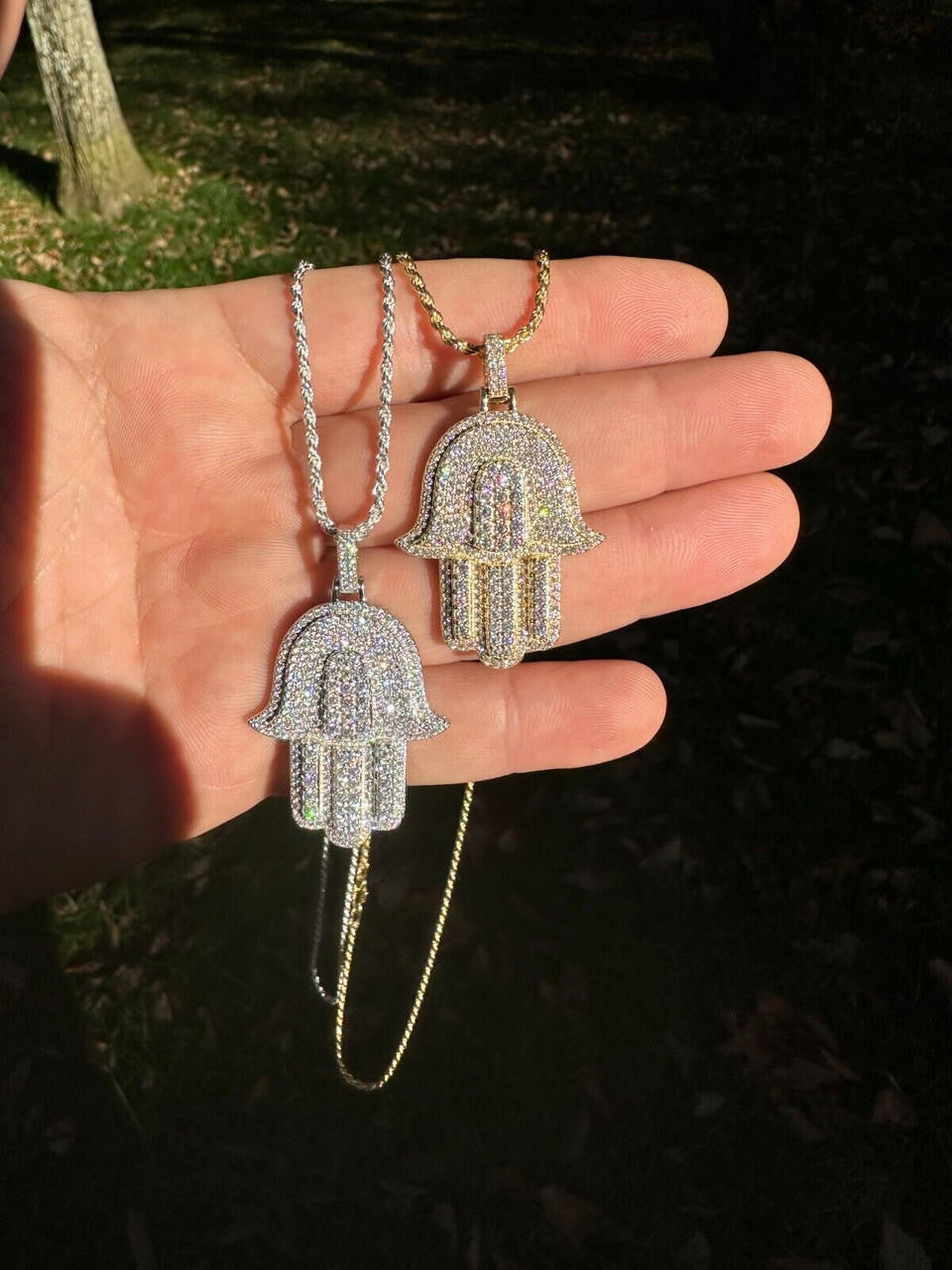 MOISSANITE Hip Hop Hamsa Hand Pendant - 10k Yellow Or White Gold - Small 1.5"