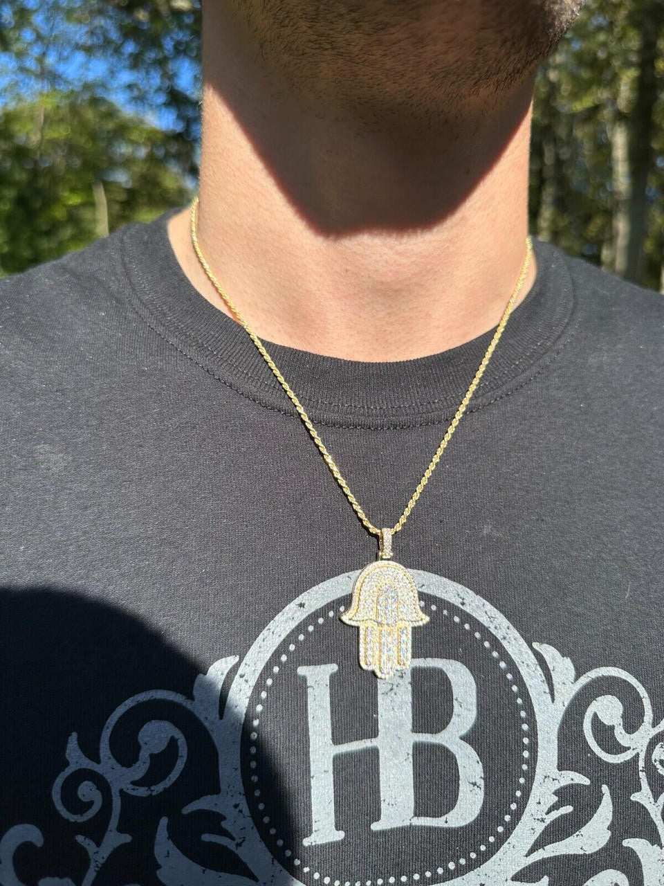 MOISSANITE Hip Hop Hamsa Hand Pendant - 10k Yellow Or White Gold - Small 1.5"