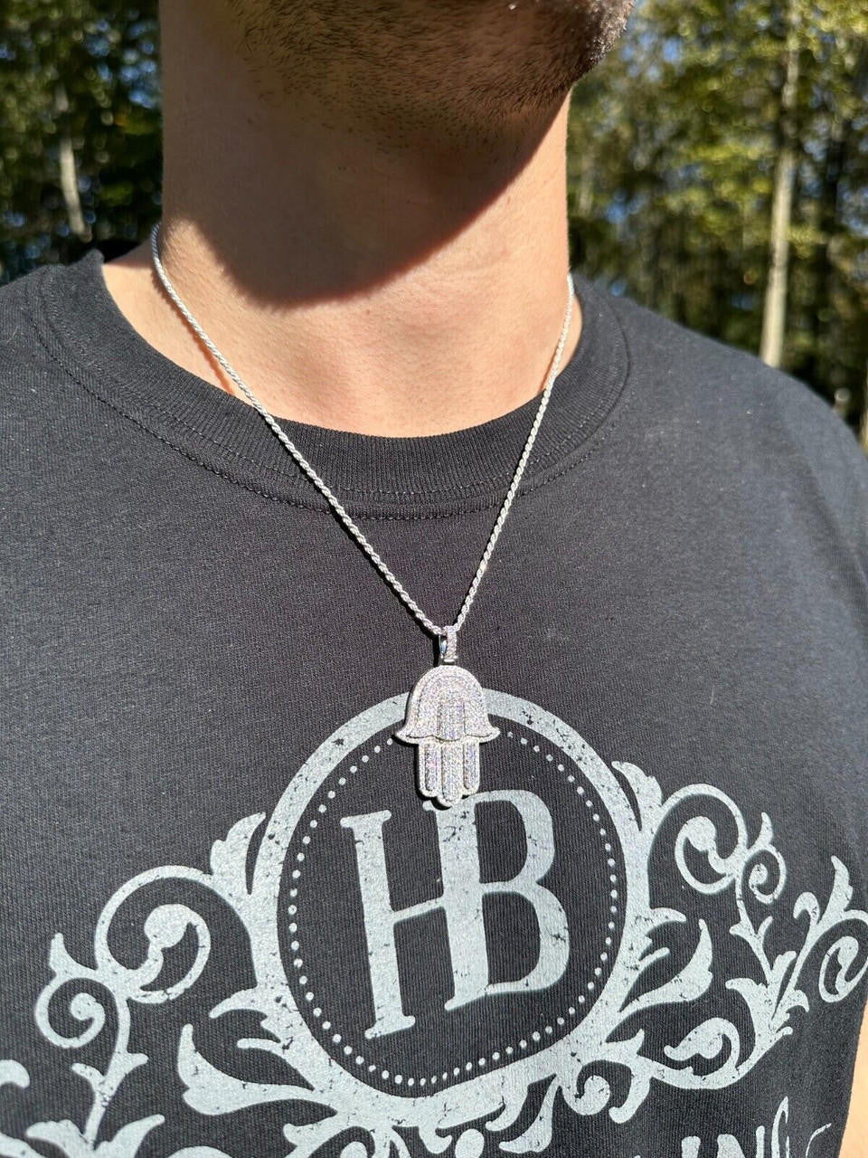 MOISSANITE Hip Hop Hamsa Hand Pendant - 10k Yellow Or White Gold - Small 1.5"