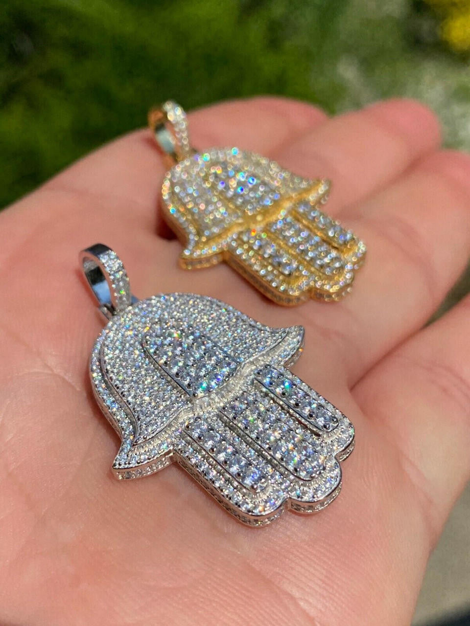 MOISSANITE Hip Hop Hamsa Hand Pendant - 10k Yellow Or White Gold - Small 1.5"