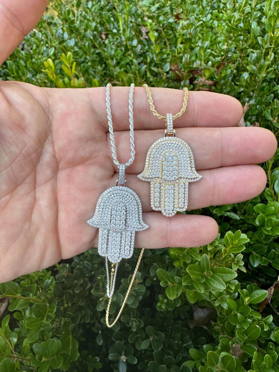 MOISSANITE Hip Hop Hamsa Hand Pendant - 10k Yellow Or White Gold - Small 1.5"