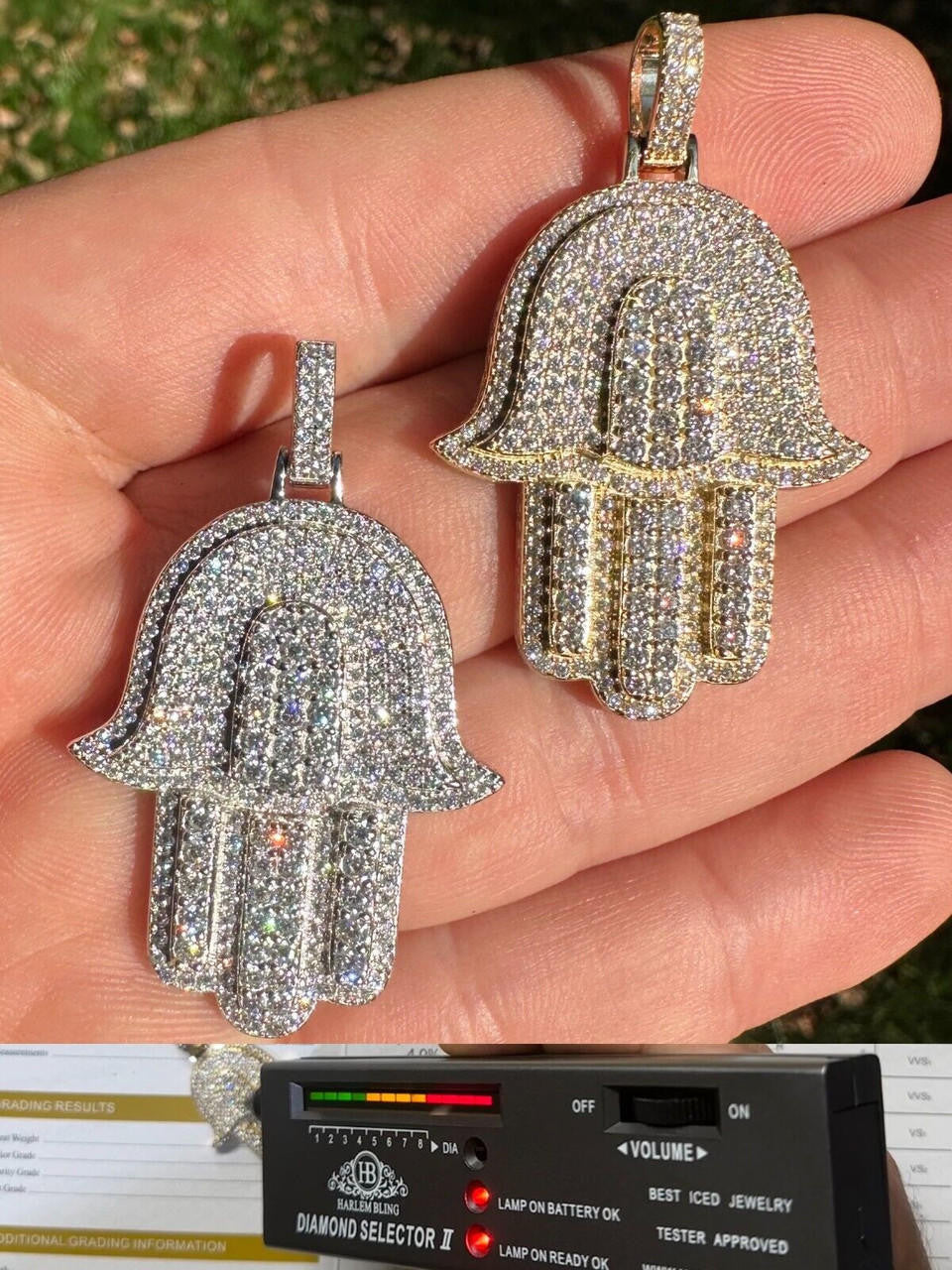 MOISSANITE Hip Hop Hamsa Hand Pendant - 10k Yellow Or White Gold - Small 1.5"