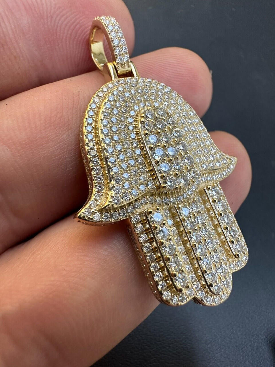 MOISSANITE Hip Hop Hamsa Hand Pendant - 10k Yellow Or White Gold - Small 1.5"