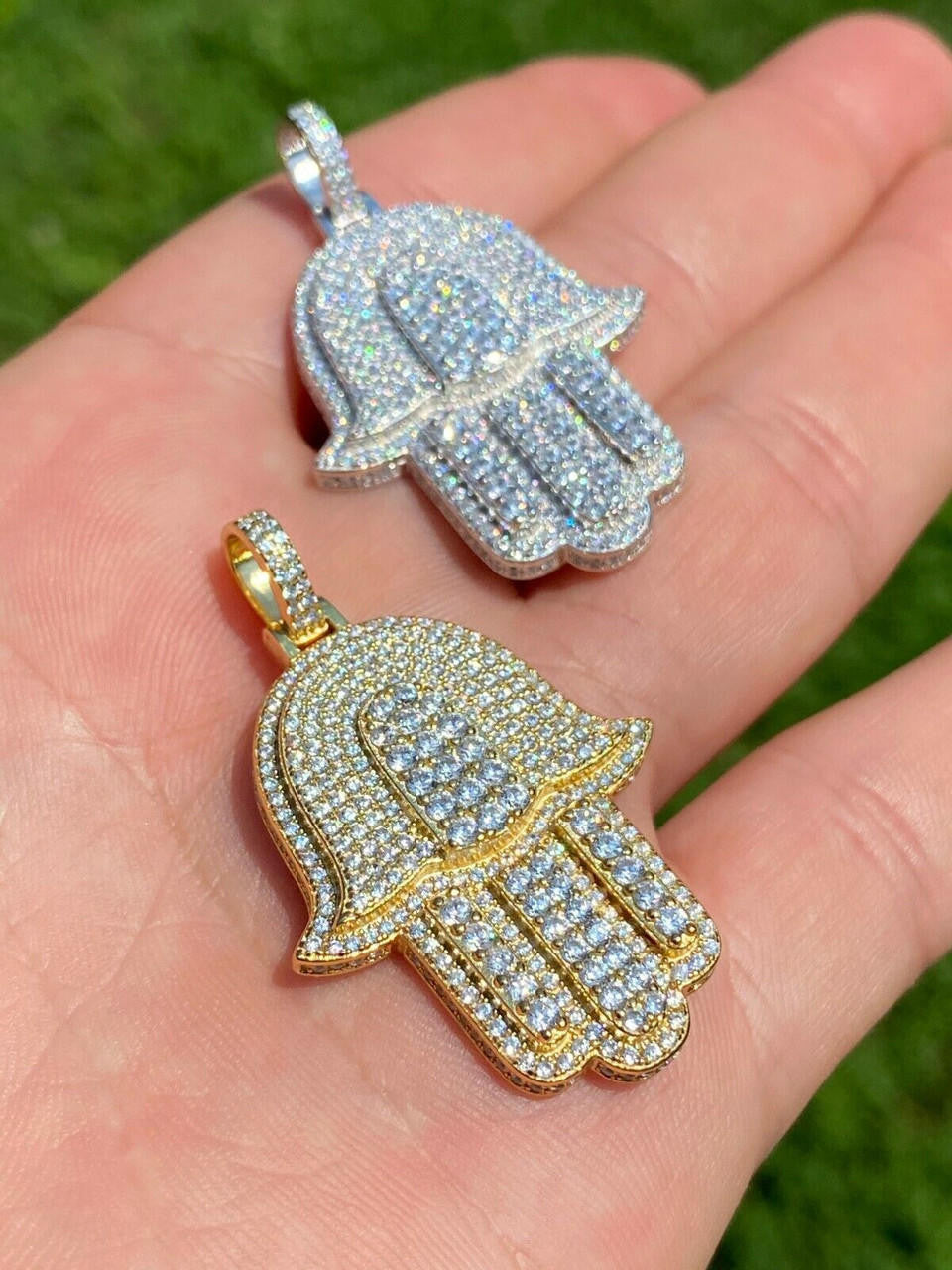 MOISSANITE Hip Hop Hamsa Hand Pendant - 10k Yellow Or White Gold - Small 1.5"