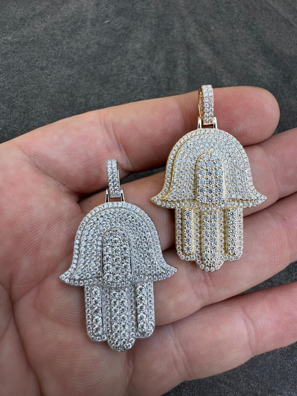 MOISSANITE Hip Hop Hamsa Hand Pendant - 10k Yellow Or White Gold - Small 1.5"