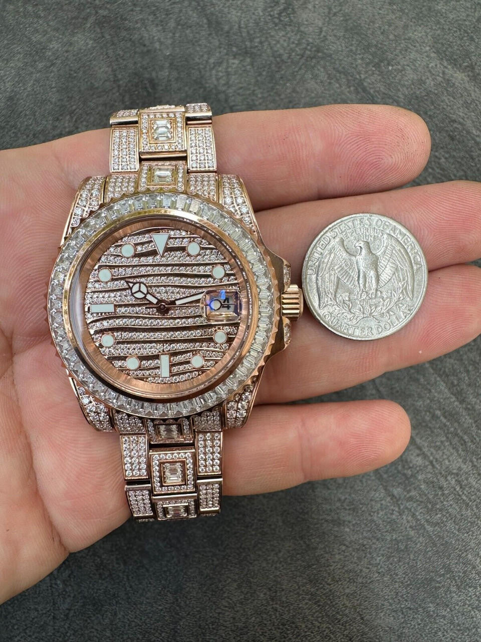 SUMMER 2023 WAVE EDITION Real Baguette MOISSANITE Mens NO ID Presidential Watch Iced Rose Gold