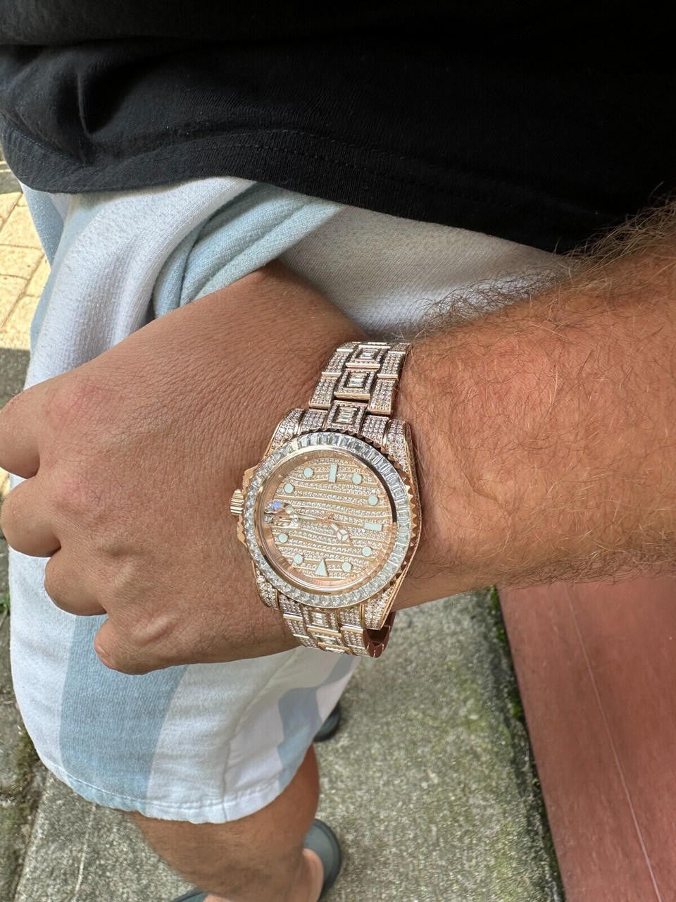 SUMMER 2023 WAVE EDITION Real Baguette MOISSANITE Mens NO ID Presidential Watch Iced Rose Gold
