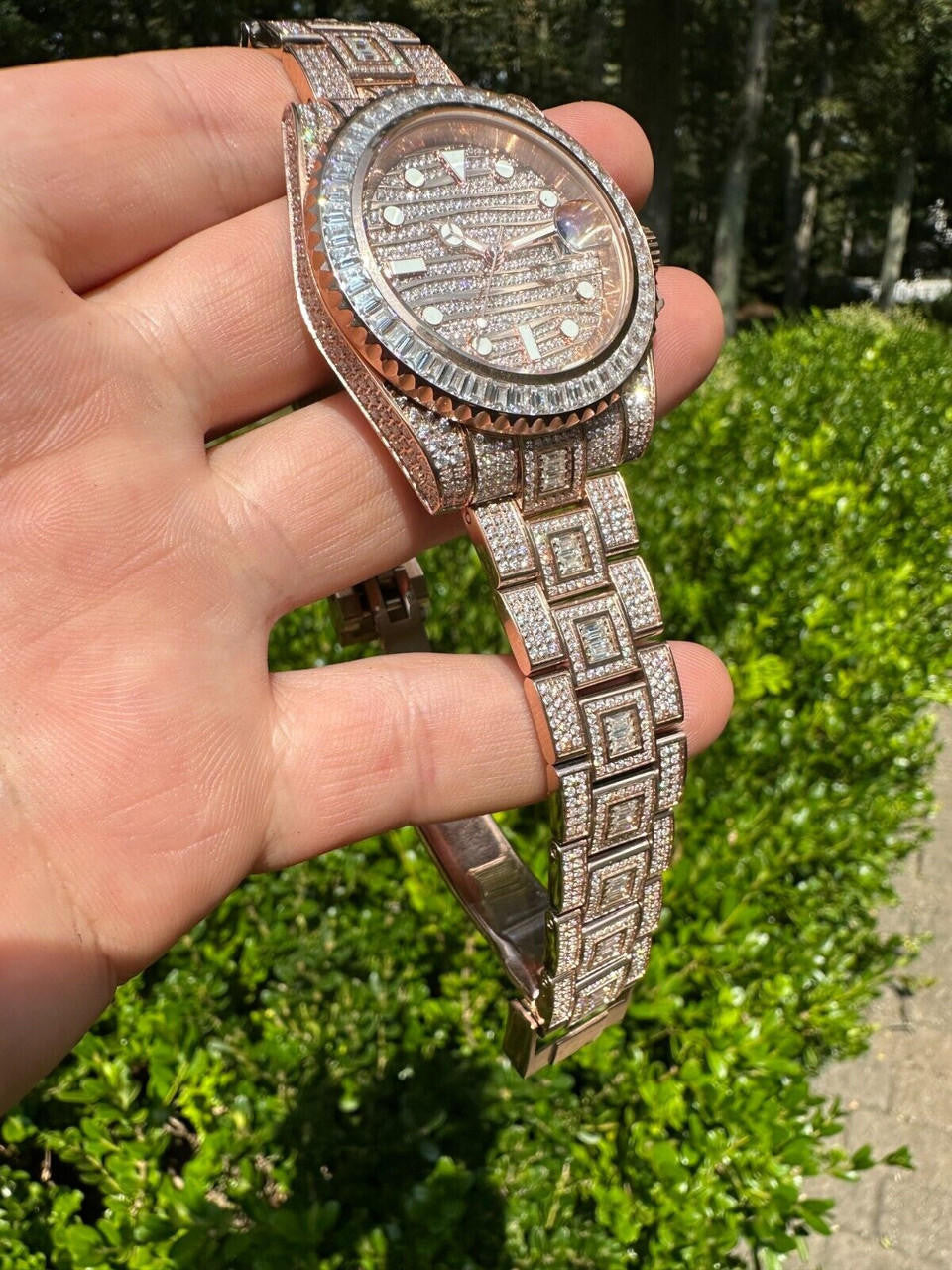SUMMER 2023 WAVE EDITION Real Baguette MOISSANITE Mens NO ID Presidential Watch Iced Rose Gold