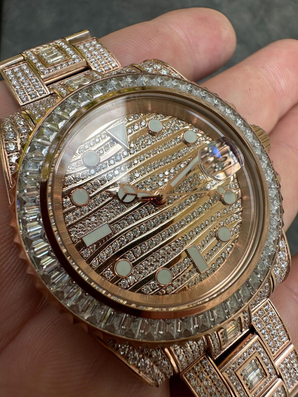 SUMMER 2023 WAVE EDITION Real Baguette MOISSANITE Mens NO ID Presidential Watch Iced Rose Gold