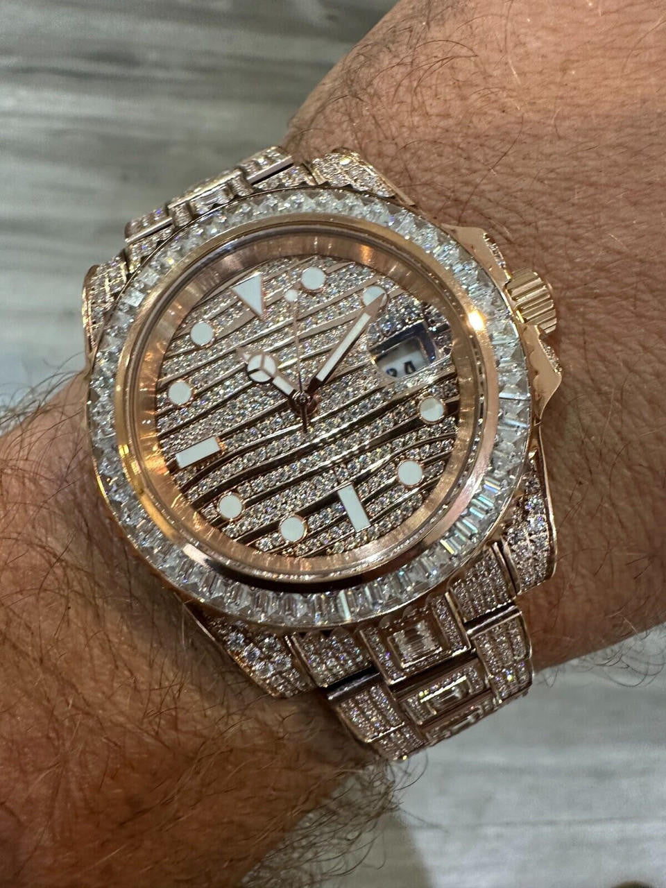 SUMMER 2023 WAVE EDITION Real Baguette MOISSANITE Mens NO ID Presidential Watch Iced Rose Gold